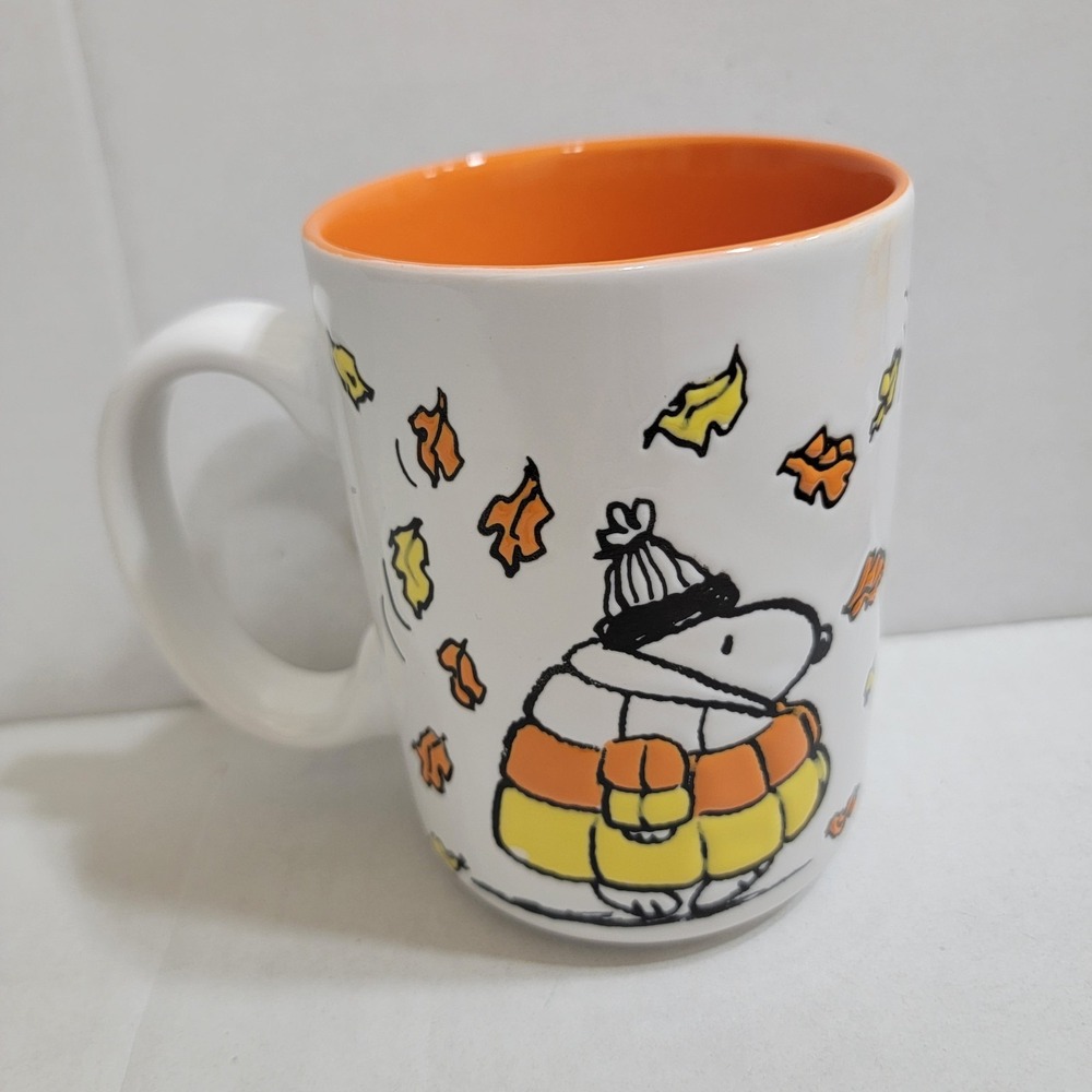 Peanuts 2025 Snoopy Candy Corn Puffer Jacket Fall Leaves Hand Painted Mug 16oz - Picture 3 of 7